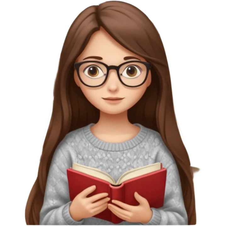 clean beautiful girl long brown hair, wear glasses, reading a book emoji