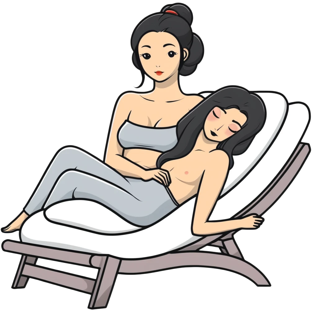 Very thin Chinese woman with long black hair relaxing on a spa lounger with exactly ONE Italian greyhound. CRITICAL REQUIREMENT: the dog must be ONLY ONE SOLID GREY COLOR from nose to tail with NO WHITE or LIGHT AREAS anywhere - NO white face, NO white muzzle, NO white chest, NO white paws, NO white tail tip - NOTHING BUT A SINGLE SHADE OF GREY throughout the entire animal emoji
