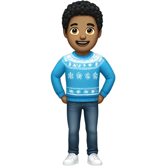 white man with black hair, wearing christmas jumper with white details with blue jeans and black sneak emoji