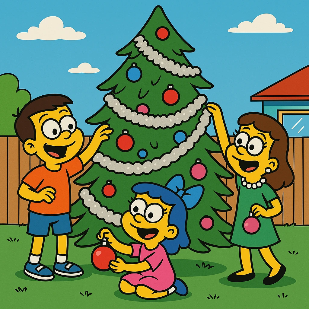 The children covered the tree in tinsel and ornaments. emoji