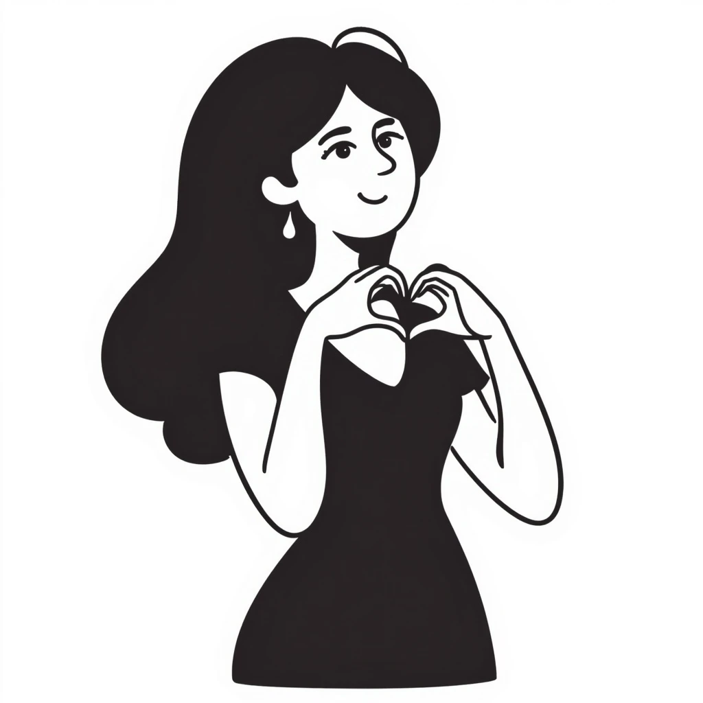 Naked beautiful femme fatale brunette winks and shows a "heart" gesture emoji