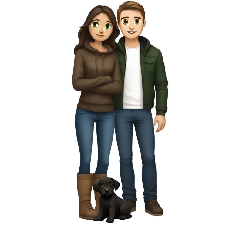 Spanish slim body brunette girl wearing Uggs next to a French guy brown hair, green eyes wearing hype outfit, chiseled jaw and with a black labrador pup emoji