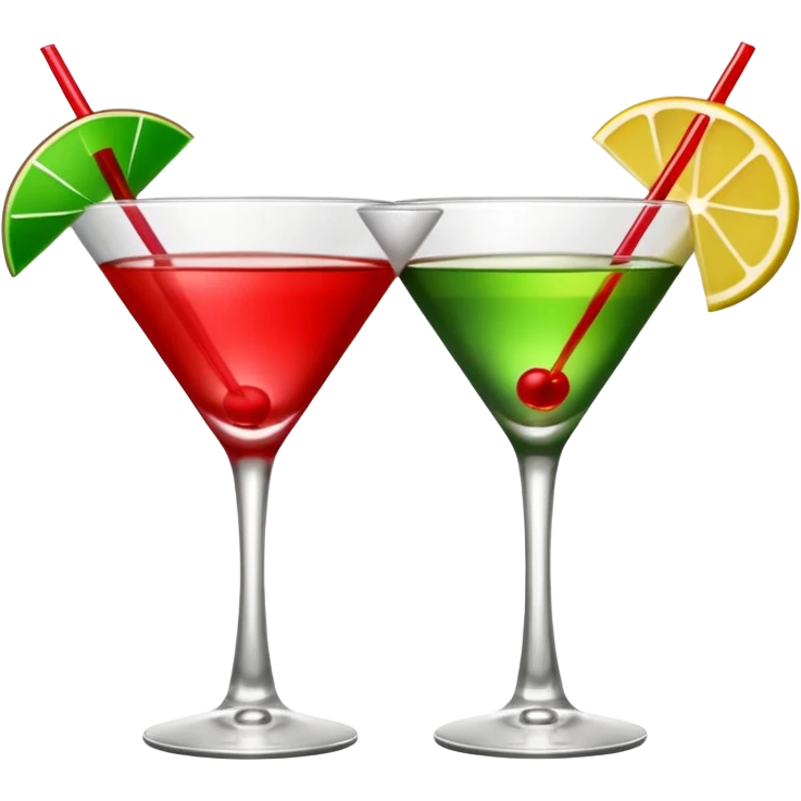 two realistic glasses of cocktail in emoji style, one is red color and one is green, martini glass shape, no straw, no fruit, no ice emoji