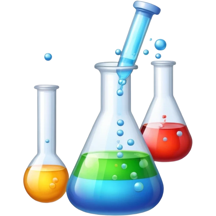 An icon featuring a chemical flask, bubbling with liquid, and an atomic structure, symbolizing chemistry. The design includes molecules, a periodic table, and laboratory equipment, representing the study of chemical reactions and elements. Transparent background highlights scientific research. emoji
