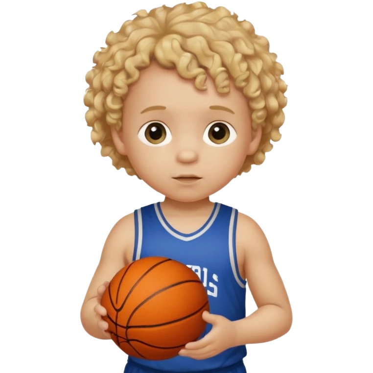 a white baby with curly dirty blonde hair with a basketball. his shirt says cooke elementary  emoji