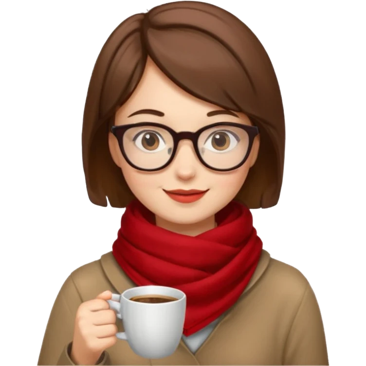 a girl with brown short hair, having red scarf, wearing glasses, drink coffee, enjoy emoji