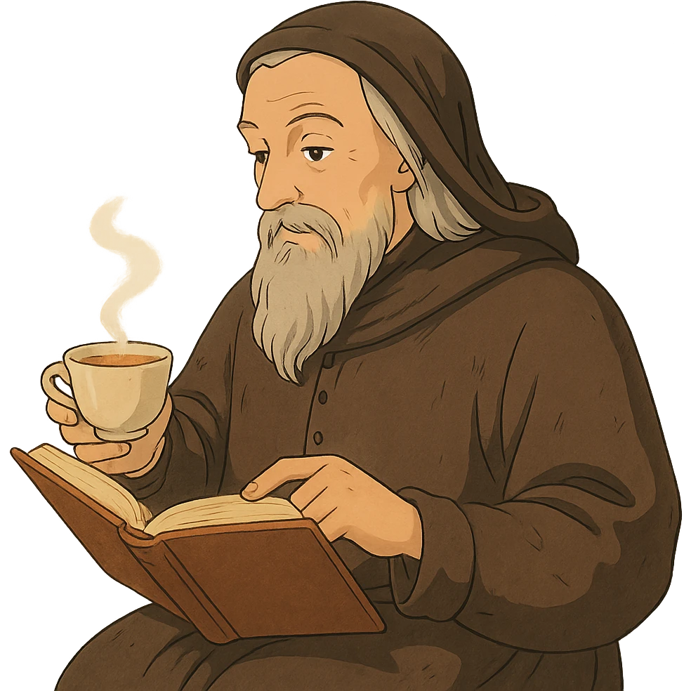 Chaucer reading a book and drinking tea, detailed, warm colors, ghibli style emoji