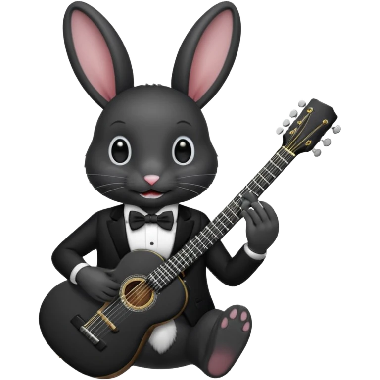 A black rabbit with white teeth and white eyes with a black bowtie holding a black guitar emoji