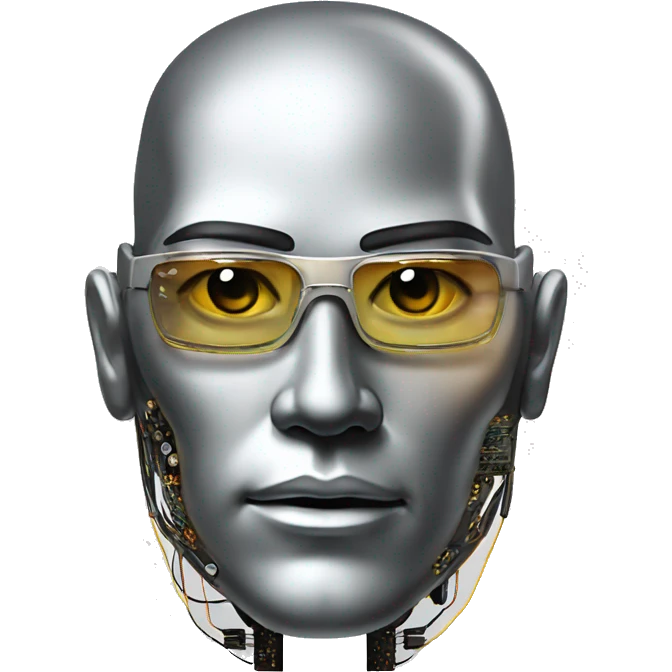 Male cyborg head with metallic plated face, flat top, rectangular glasses and circuits emoji