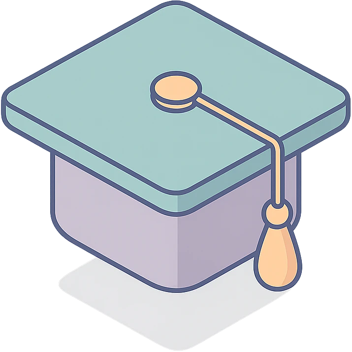 academic graduation cap with golden tassel, 2D isometric style, clean lines, soft shadows and highlights, minimalist eastern accent, pastel palette #98B5BC, #B5B3C1, #C9A3C9, #E4C0CA, #F7DCD1, #F7C0AA, transparent background emoji