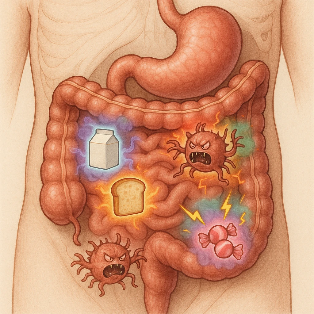 Anatomical section of the human torso focusing on stomach and intestines. Inside the digestive tract, stylized parasitic organisms react aggressively to foods like dairy, gluten, and sugars, highlighted with colors or glows. The parasites appear agitated or inflamed, releasing symbolic toxins or inflammatory signals such as colored gas or lightning lines. Medical illustrative style. emoji