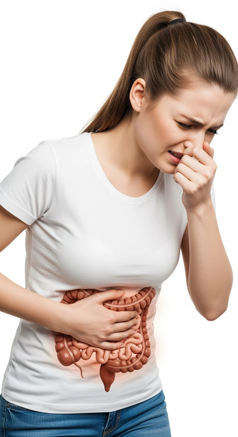 DONNA CHE SI TIENE LA PANCIA CON INTESTINO ANATOMICO UMANO VISIBILE, MAL DI PANCIA, CON L'ALTRA MANO SI TAPPA IL NASO PER LA PUZZA, ISOLATA SU SFONDO BIANCO emoji