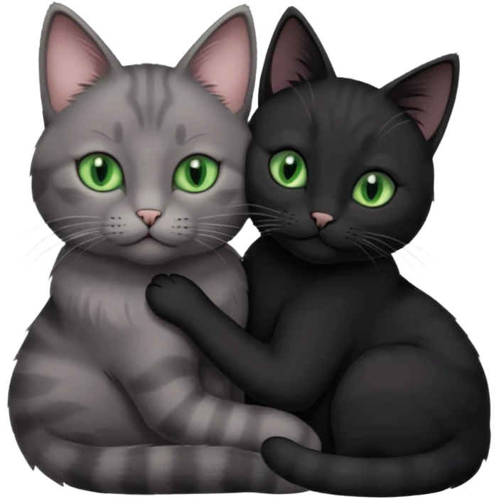 1 grey cat with pastal green eyes and 1 black with green eyes cat cuddling emoji