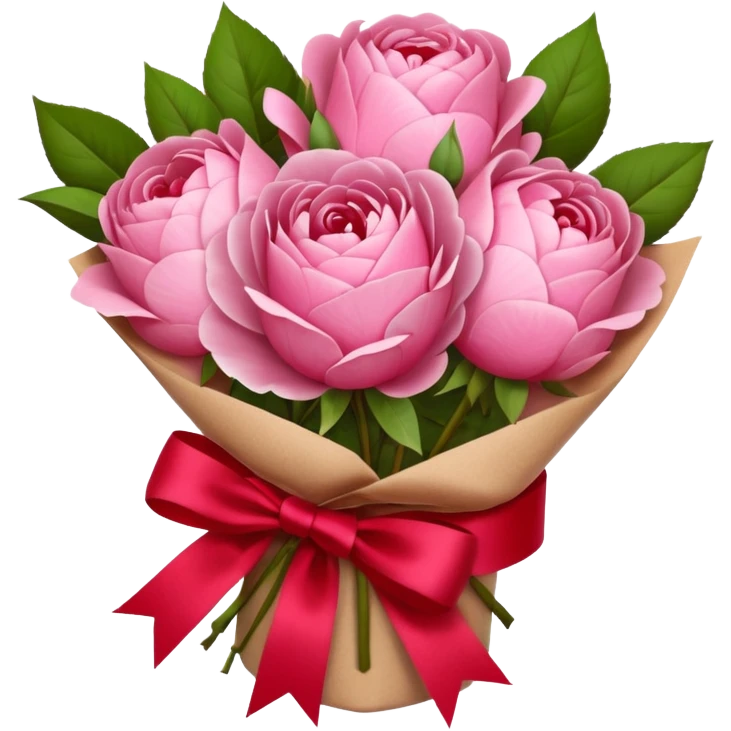 Bouquet of pink flower like rose and peony wrapped in kraft paper with red bow emoji