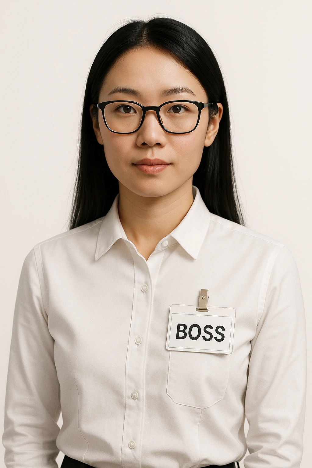 Asian female character wearing glasses, white shirt with boss's work tag, minimal background, clean and professional look emoji