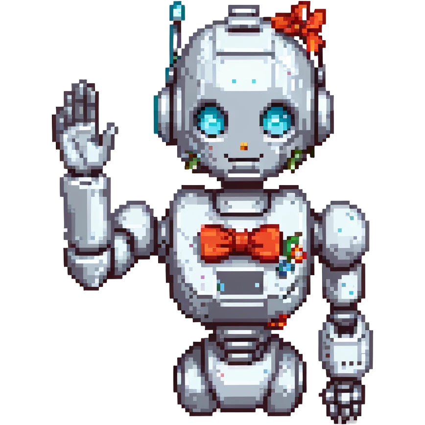shoulders-up portrait of a cute female recruiter robot, 8-bit pixel art style, metallic, talking, one hand in the air, with a bow accessory emoji