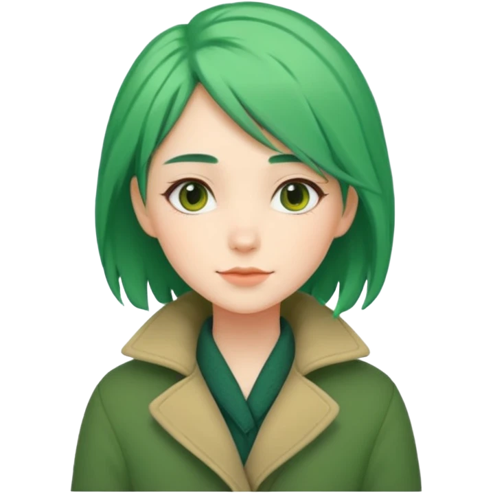 Girl with green hair wearing warm winter coat with a relaxed posture and friendly face emoji