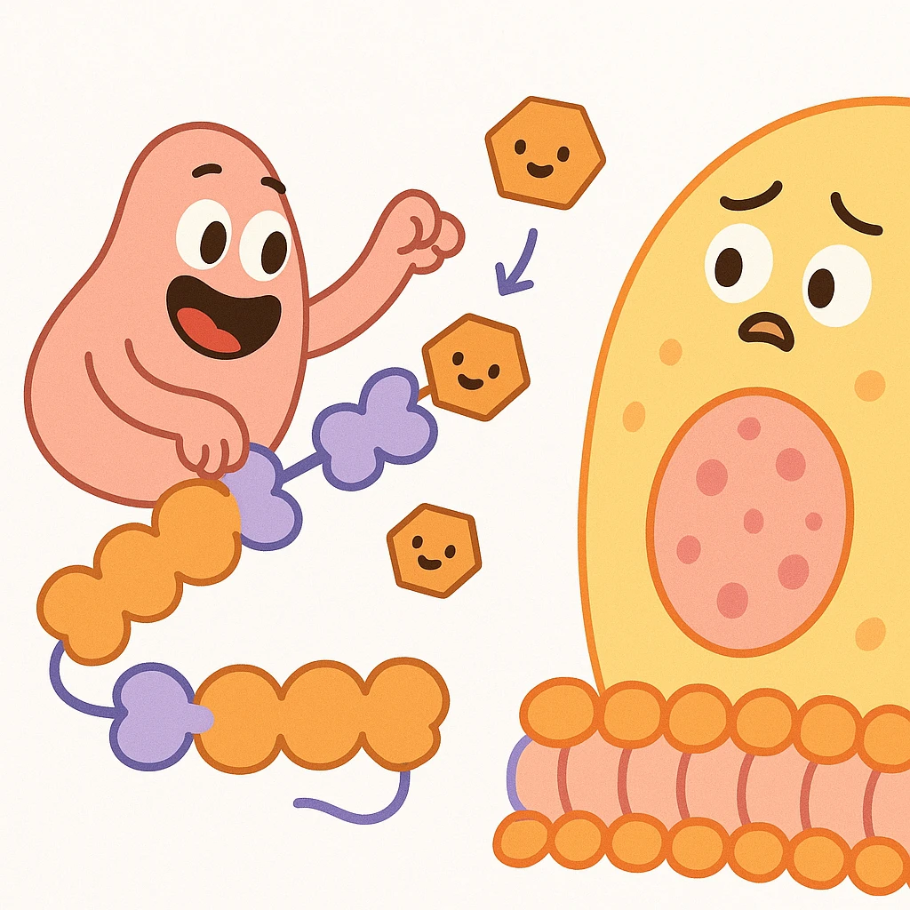 Ultra-detailed illustration of enzyme digestion: amylase breaking starch into sugars near a cell membrane. Clean white background, no text. Scientific but simple emoji