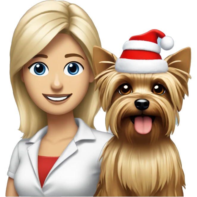 blonde woman blue eyes Yorkshire terrier wearing red santa hat standing with George Clooney  emoji