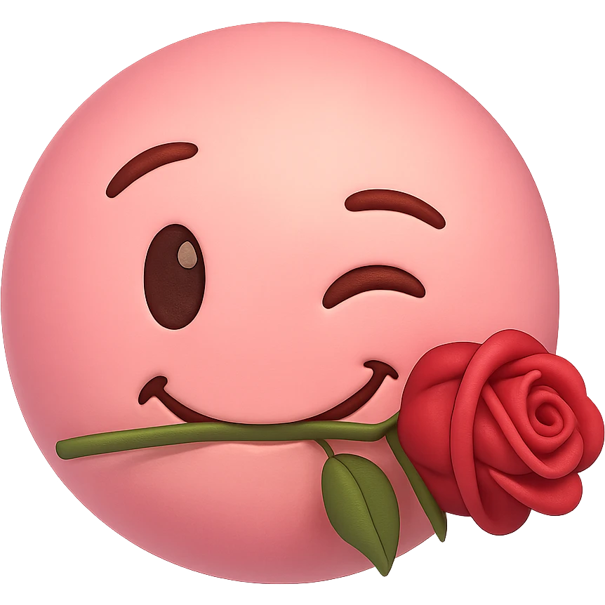 pink emoji face with a rose in its mouth, winking, playful and charming, soft gradient pinks emoji