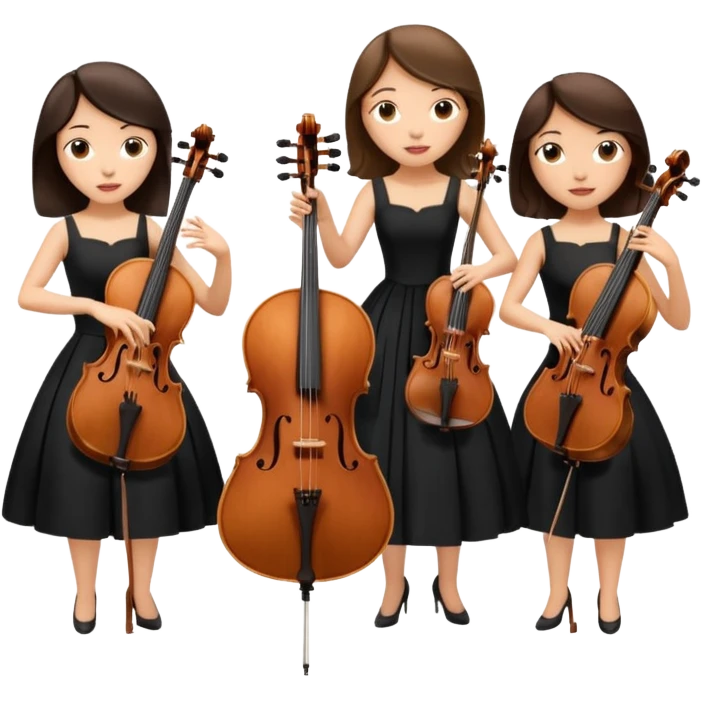 Create an imagine of three brunette women playing string instruments in black dresses, the first is playing a cello, the second is playing a viola and the third is playing the violin emoji