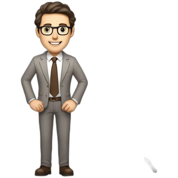 Pale skinned fit man with dark brown hair in gray jacket, beige office shirt, brown tie, brown pants and vintage glasses Writing text on the flipchart emoji