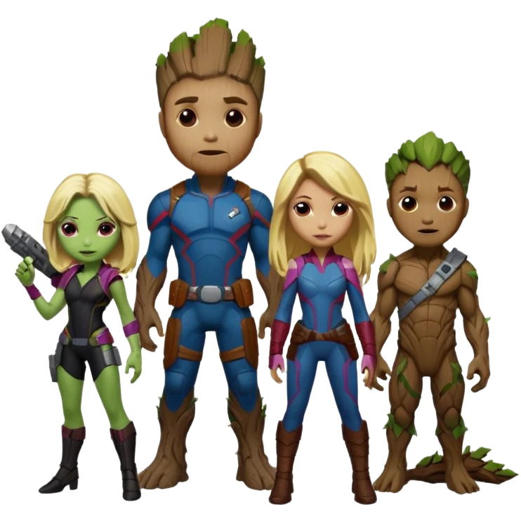 guardians of galaxy rocket groot gamora, but groot gamora has blonde hair  emoji