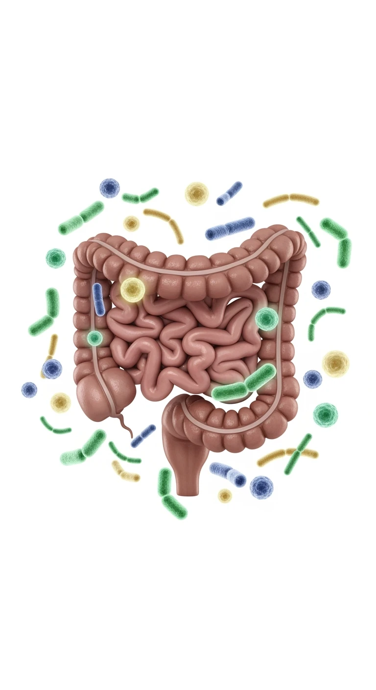 intestino umano anatomico con qualche batterio intestinale che gli fluttua intorno, ISOLATO SU SFONDO BIANCO emoji