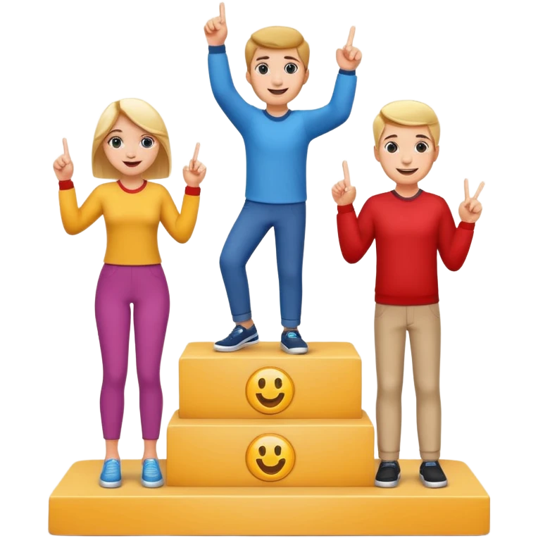 three casually dressed people on a winners’ podium with no numbers, each on their step, center person holds up one finger on each hand, fun expressive cheerful emoji style emoji