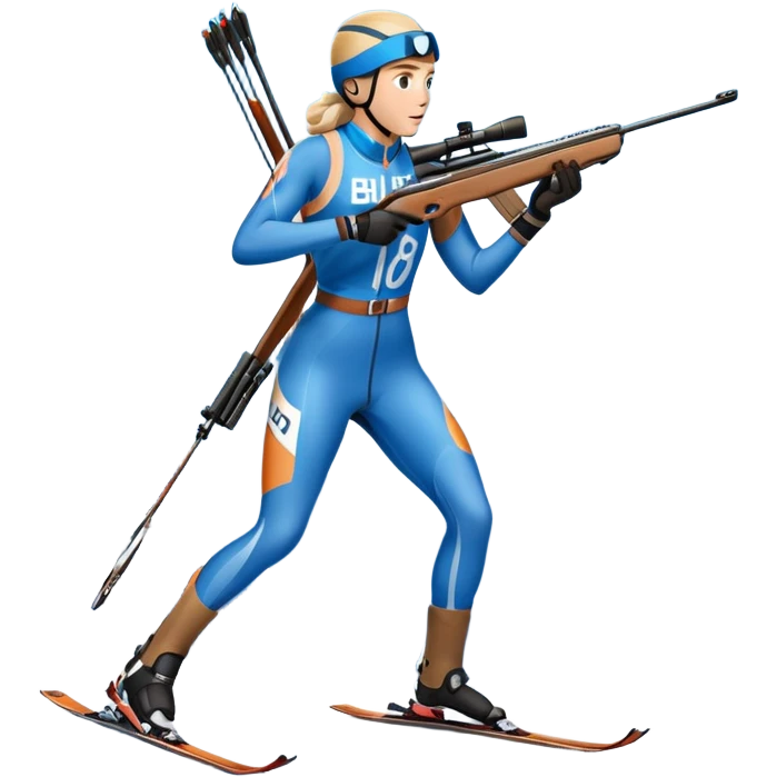 An icon featuring snow-covered trees, distant mountains, and a clear blue sky with a biathlete in motion, holding a rifle and skiing across a snowy course. Transparent background highlights the precision, endurance, and excitement of biathlon. emoji