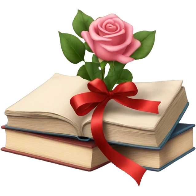 Bundle of books tied with ribbon and rose emoji