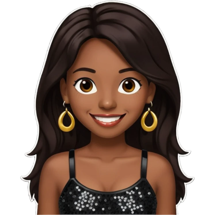Chilli from TLC with long dark brown hair, black sequin crop top, black earring, dark skin emoji