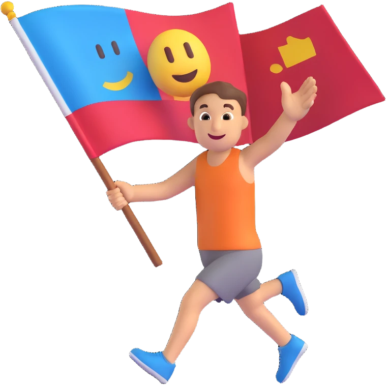 happy runner waving a flag that says 'emojiland' emoji