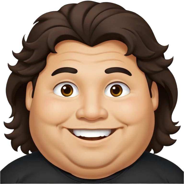 Hombre obeso latino piel canela, cara redonda-ancha, scruff sin barba completa, cejas gruesas, pelo oscuro ondulado flat largo hasta el cuello. Sonrisa amplia, expresión alegre. Camisa negra. Size large.  emoji