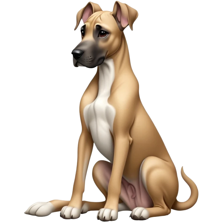 cinematic-[fawn great dane]-realistic-full-body-sitting-emoji,-tail-resting-loosely-beside-its-paws,-head-tilted-dramatically, ears drooped, -sleek-[fawn]-fur,-simplified-yet-realistic-focused-features,-highly-detailed,-glowing-with-an-almost-sarcastic-glow emoji