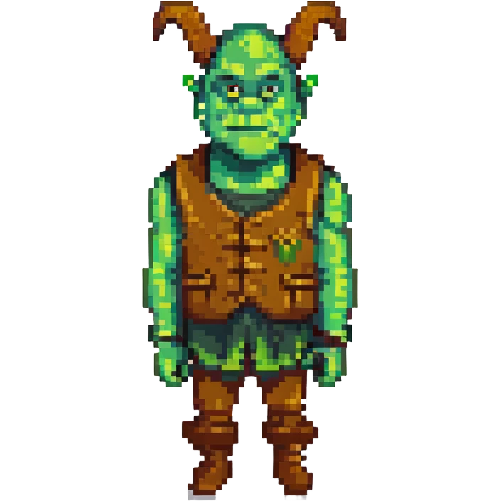 Shrek as a pixel art ogre, green skin, big ears, brown vest, simple background emoji