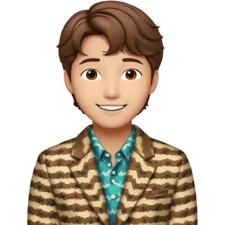 Design a Korean male idol with wavy brown hair, patterned jacket & cheerful smile, inspired by V of BTS. emoji