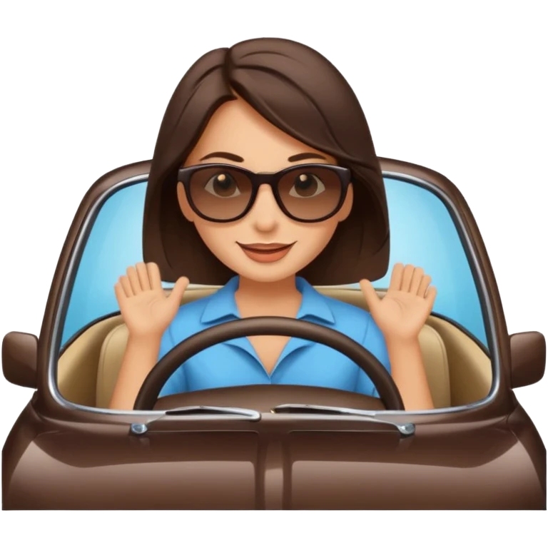 Brunette driving car like crazy. Happy face confidence  emoji