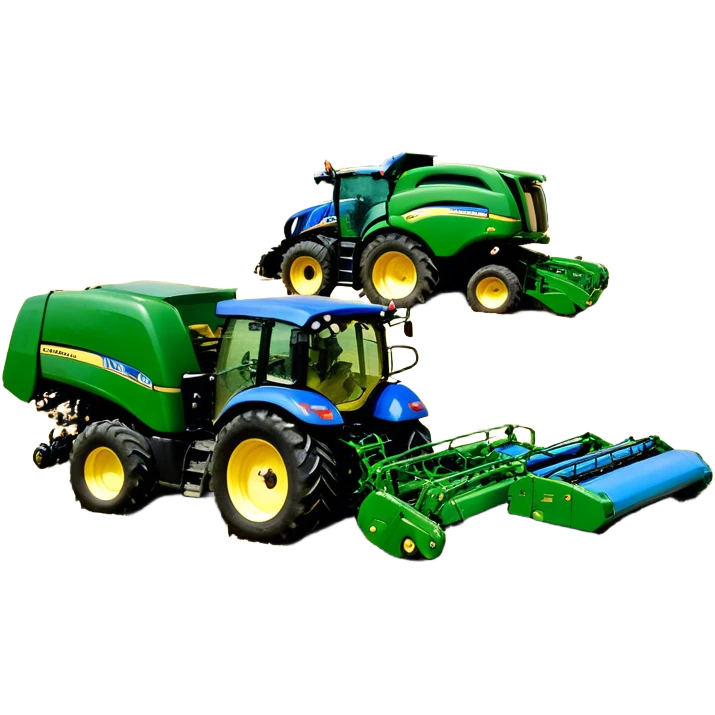 Baler – New Holland Roll-Belt 560 (2018) – Cinematic-realistic John Deere 6155M tractor towing a New Holland Roll-Belt 560 baler, its deep green body contrasting with the bright blue baler. The massive machine moves steadily through golden fields, compressing freshly cut hay into tight round bales, while dust swirls under the blazing afternoon sun. emoji