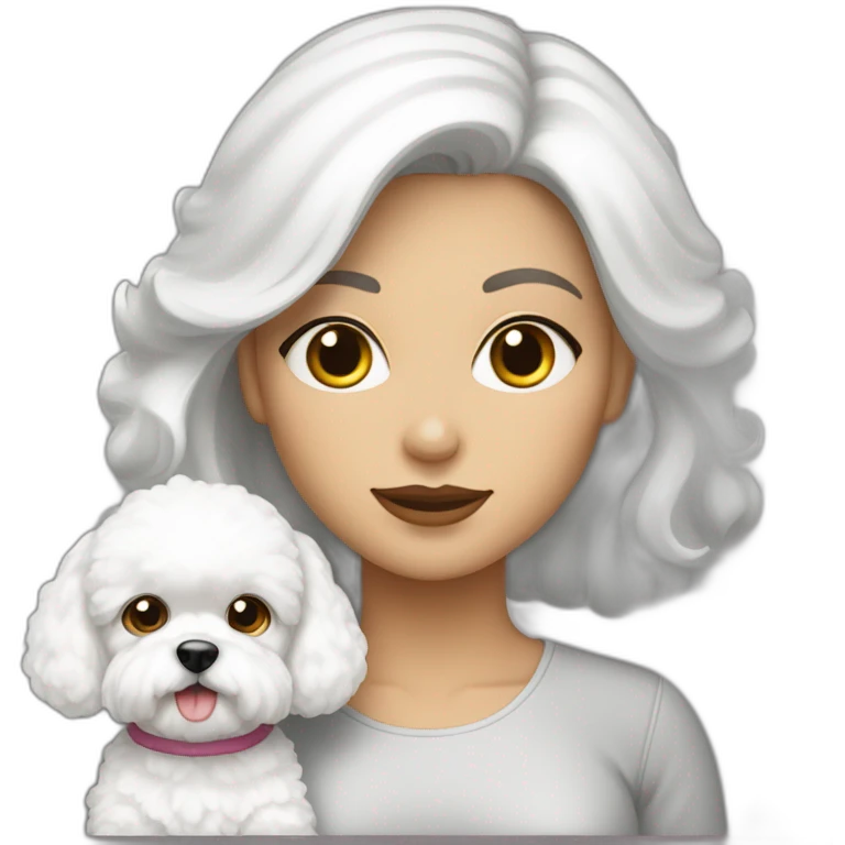 mujer pelo largo con y perro bichon blanco emoji