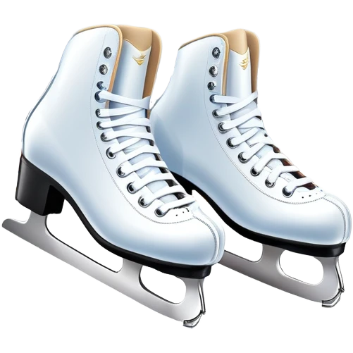 An icon showing The rink is surrounded by cheering spectators and soft arena lights, creating a beautiful, dynamic atmosphere. a pair of elegant figure skates placed on the smooth, sparkling ice of a grand ice arena. Transparent background highlights the grace and beauty of figure skating. emoji