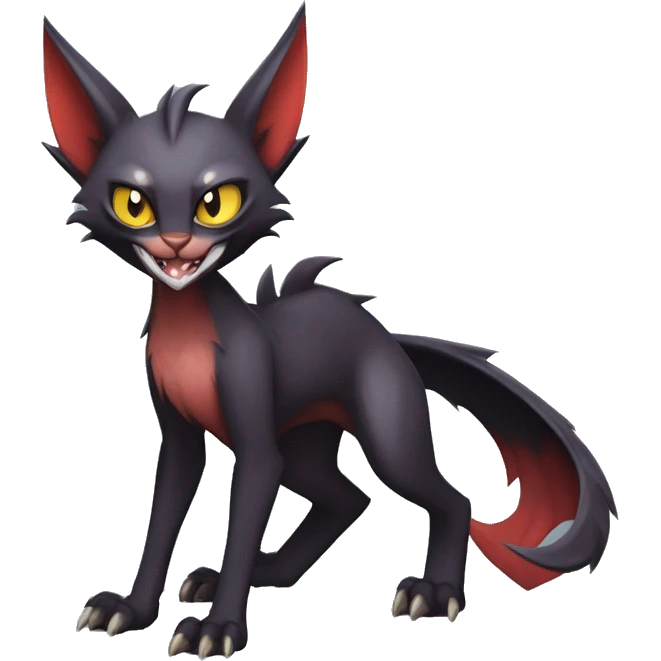 Black cool vampiric Noivern-Litten-Lykoi-Caracal-Fakemon with big bat ears and big fangs full-body emoji