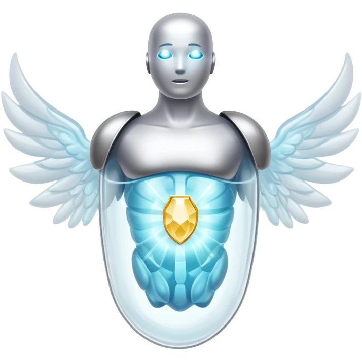 Silver semi-transparent capsule floating next to an ethereal glowing immune system figure, with a small shining shield over a luminous thyroid gland emoji