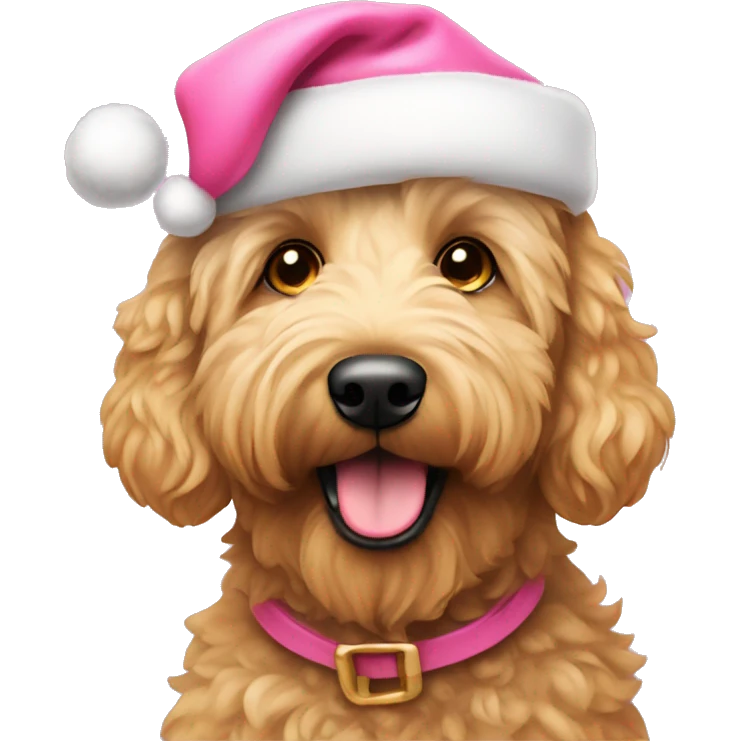 Golden doodle wearing pink Santa hat emoji