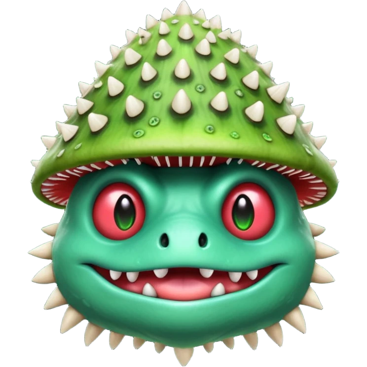 poisonous mushroom monster portrait, head and shoulders only, animal-like creature, mushroom cap head with spikes, toxic green glow, beast-like eyes, furry neck details, monstrous but cute fantasy vibe, 3D cartoon, mobile game icon style, clean background, no text, no watermark

 emoji