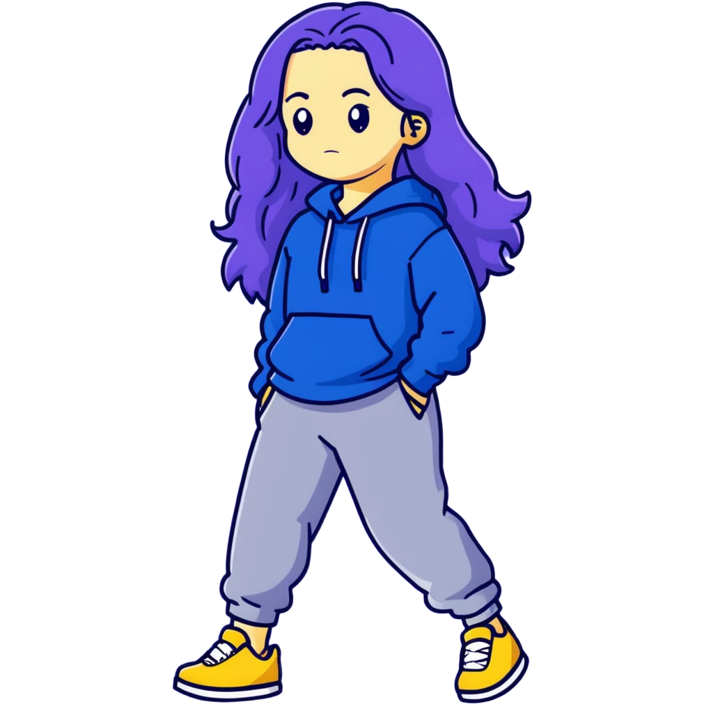 female with slim hourglass shaped body, purple long hair, wearing a blue sweater, dark blue sweatpants, and black sneakers, full body view emoji