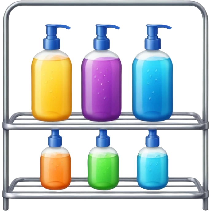 Shower with body wash, shampoo, and conditioner on racks  emoji