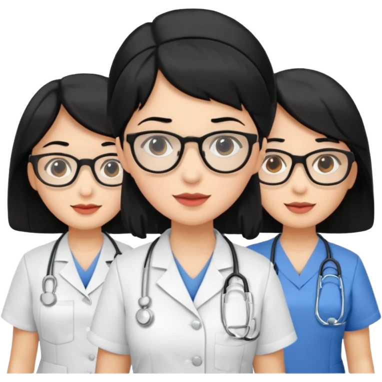 Genera emogis de 4 cuatro enfermeras de cabello negro, una con lentes emoji