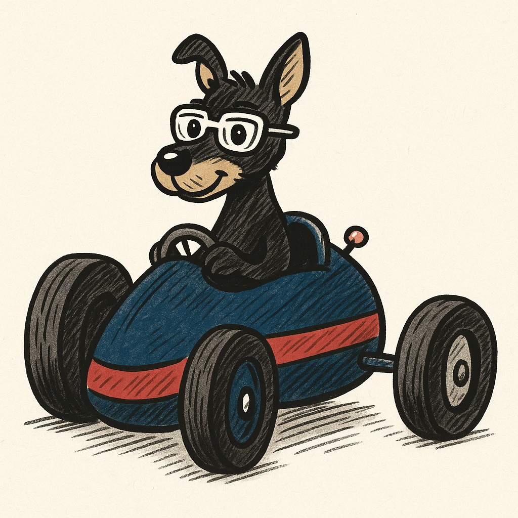 Change the racecar to dark blue and red, keep the black and tan terrier driving. The style is hand drawn doodle style. emoji