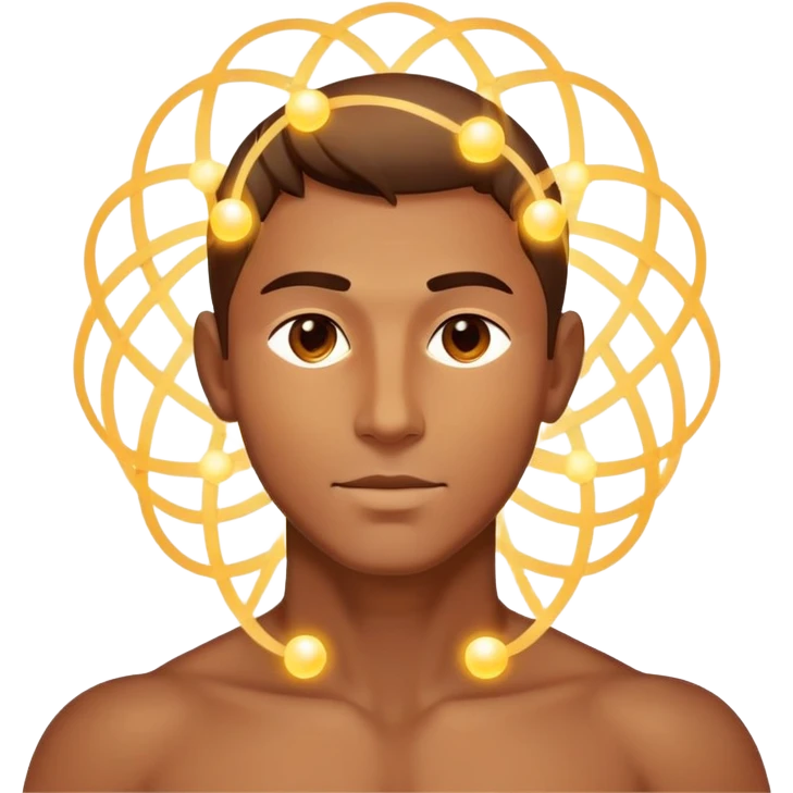 luminous male silhouette surrounded by flowing interconnected lines and softly glowing orbs with radiant core at head and heart emoji
